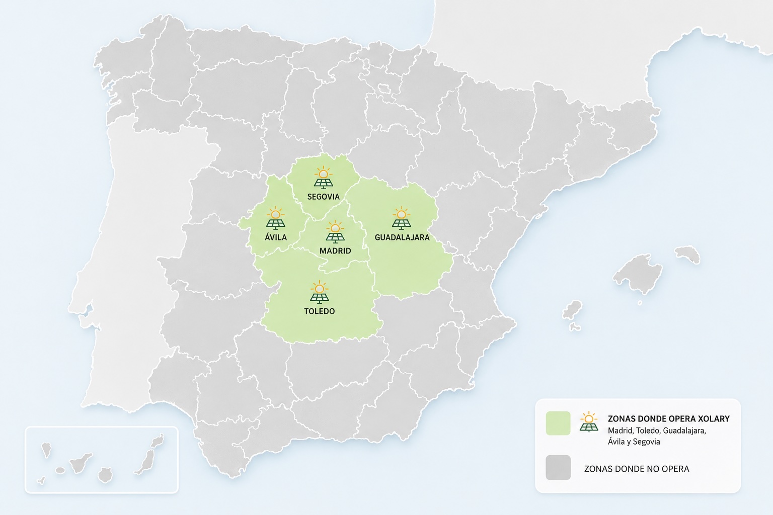 Zonas donde opera Xolary: Madrid, Toledo, Guadalajara, Ávila y Segovia